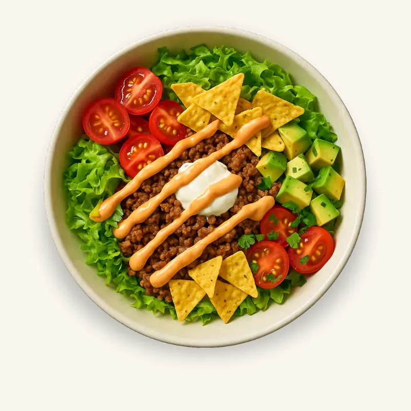 БОУЛ «TACO CRUNCH» З ЯЛОВИЧИНОЮ: готовий боул у тарілці